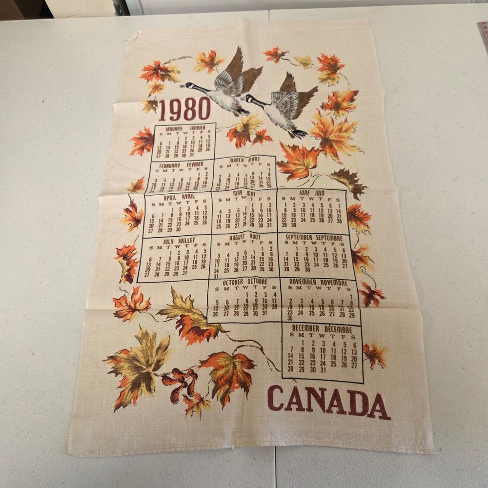 Vintage 1980 Canada Calendar Tea Towel Linen Geese Autumn Leaves 17x28